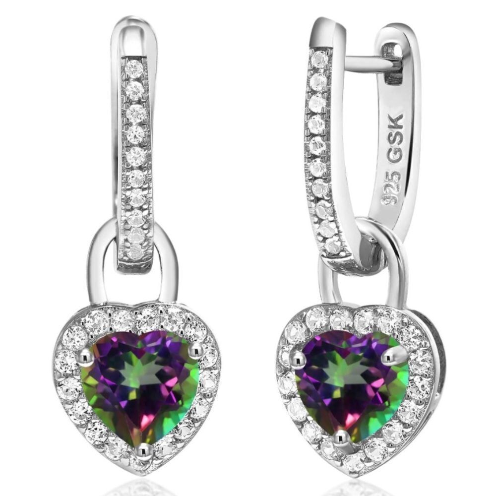 925 Sterling Silver 2.40 Cttw Green Mystic Topaz White Sapphire Heart Earrings